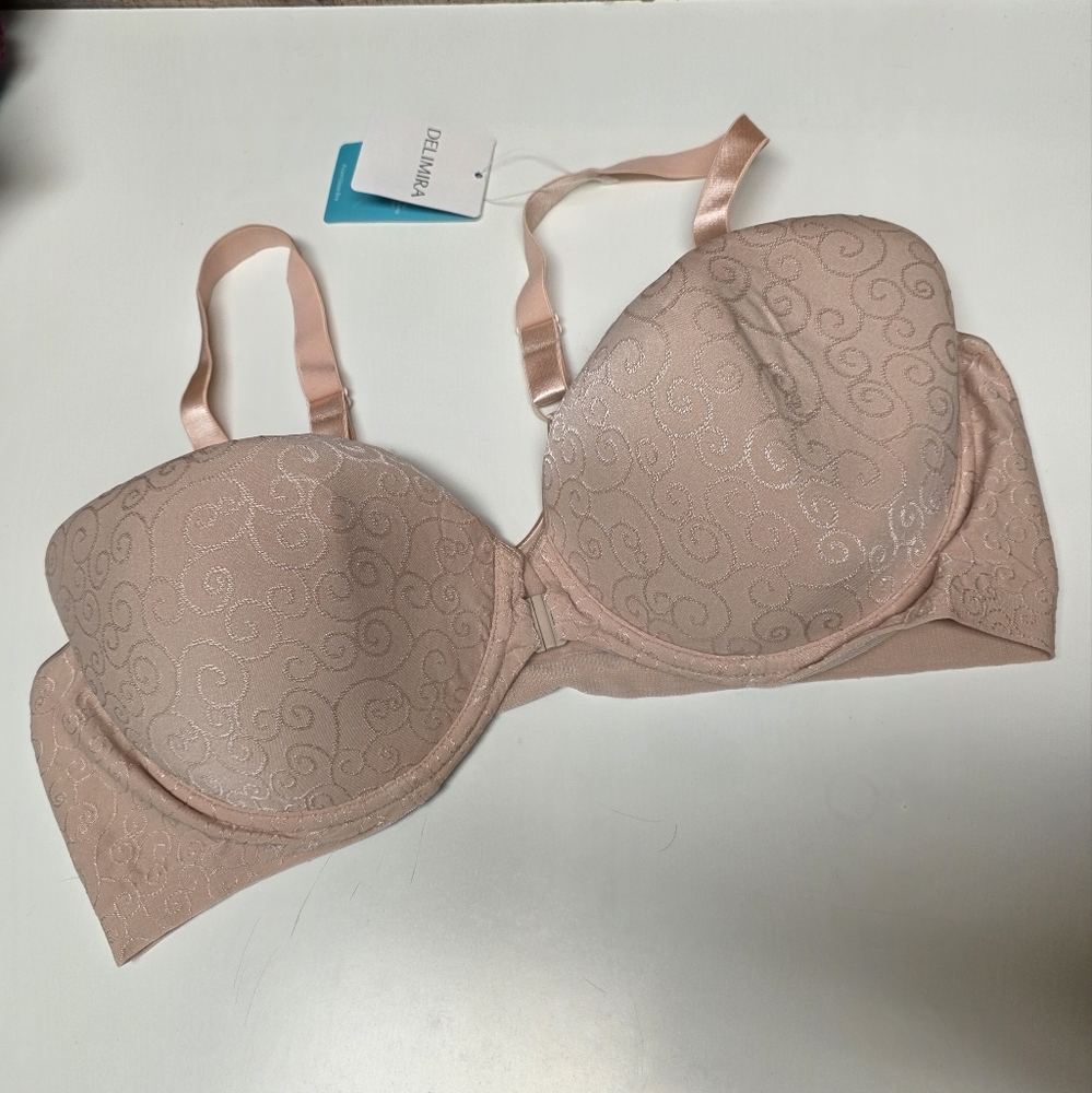 Delimira Front Close Underwire Lightly Lined Jacquard Bra Beige Size 44C New